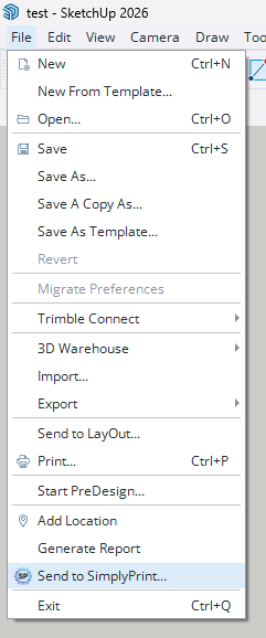SketchUp's File menu open showing a Send to SimplyPrint entry at the bottom, next to Export, Print, and Send to LayOut