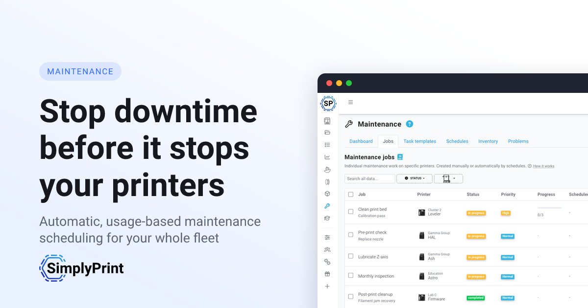 SimplyPrint printer maintenance dashboard with scheduled jobs, due work, reported problems, and spare-parts status