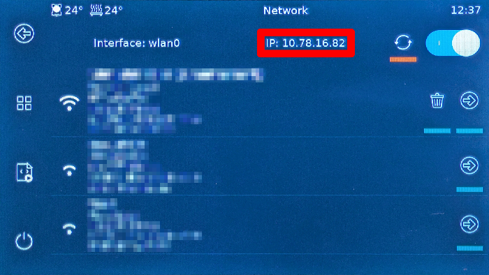 BTT Pad network screen showing IP