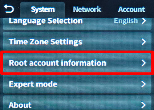 HI Settings → Root account information