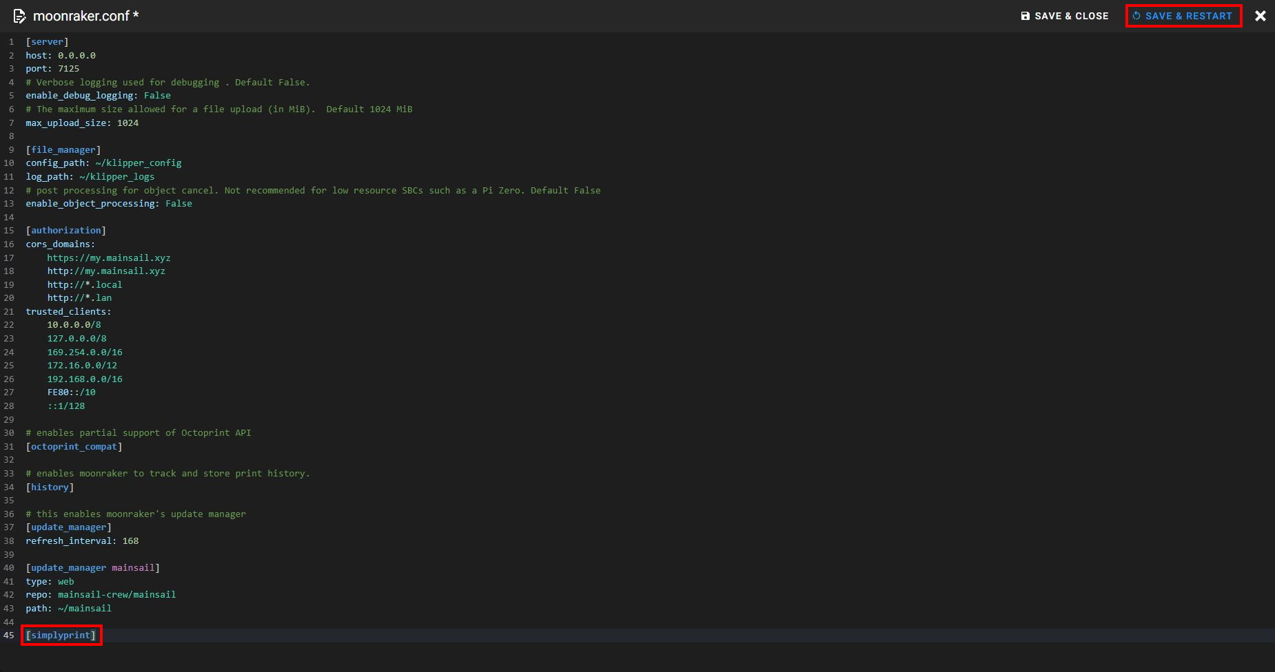 Edit moonraker.conf