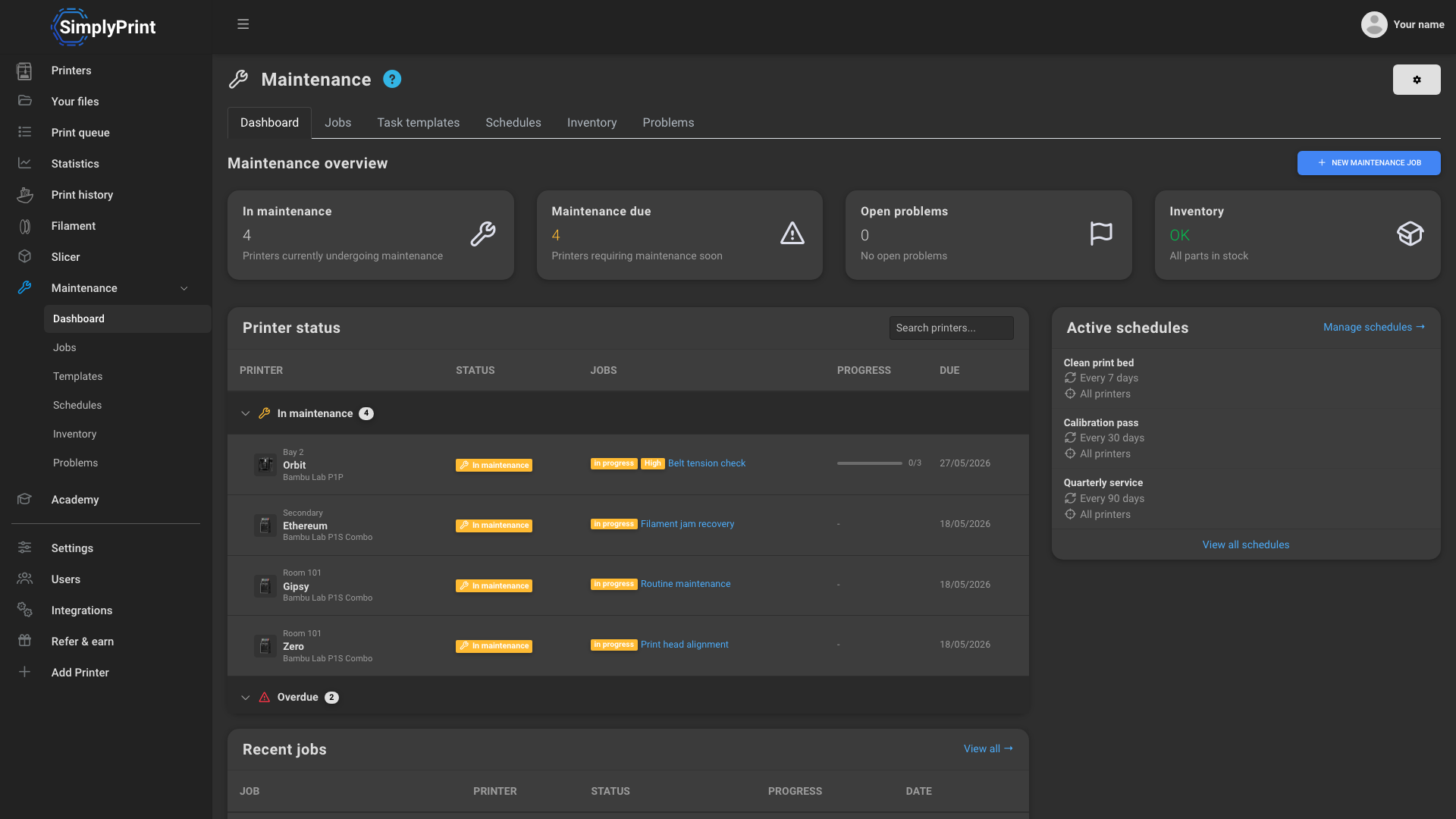 Dark-mode SimplyPrint maintenance dashboard grouping printers by service status and showing active schedules