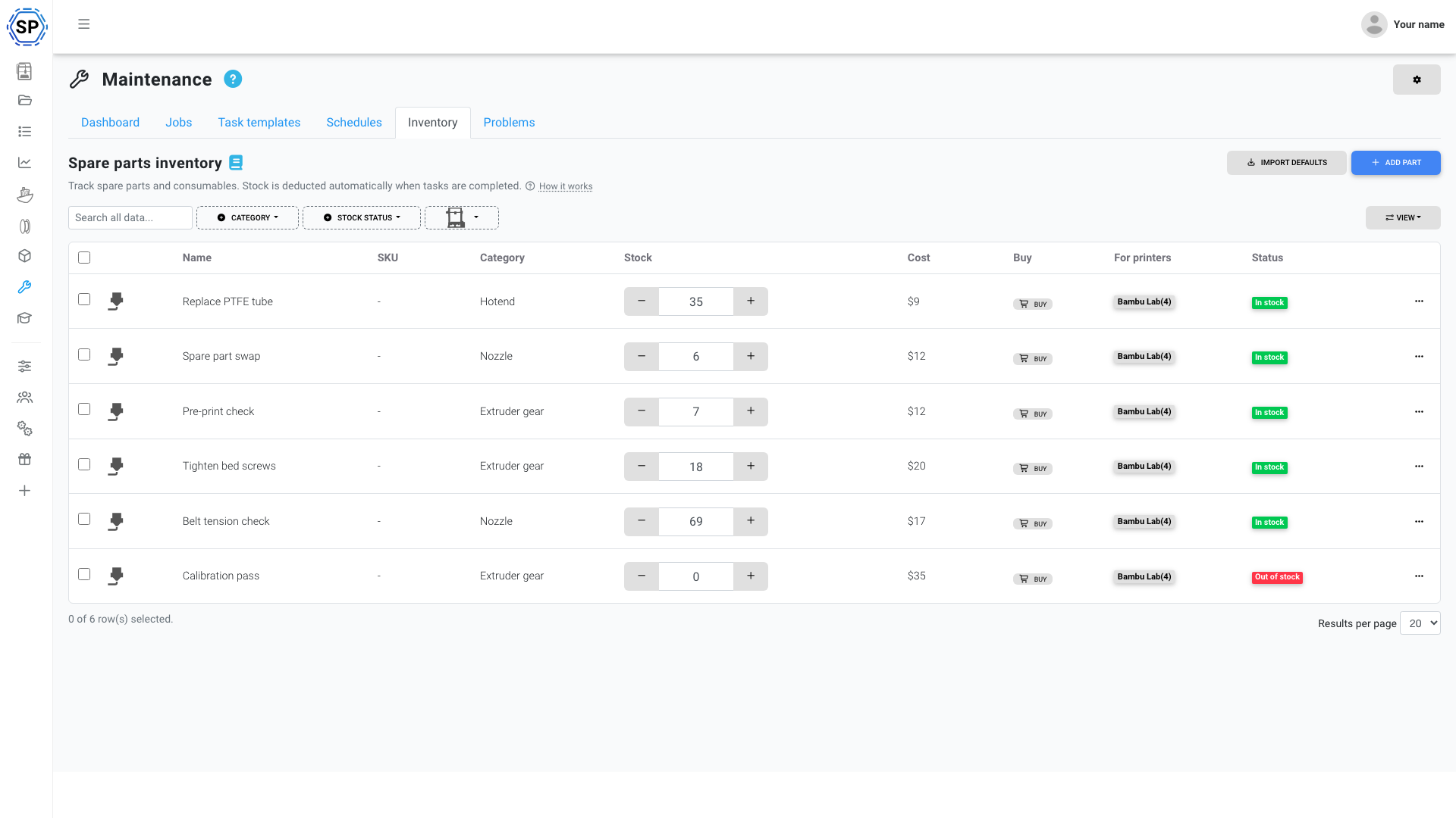 SimplyPrint maintenance inventory table with spare-part quantities, costs, printer compatibility, buying links, and stock status