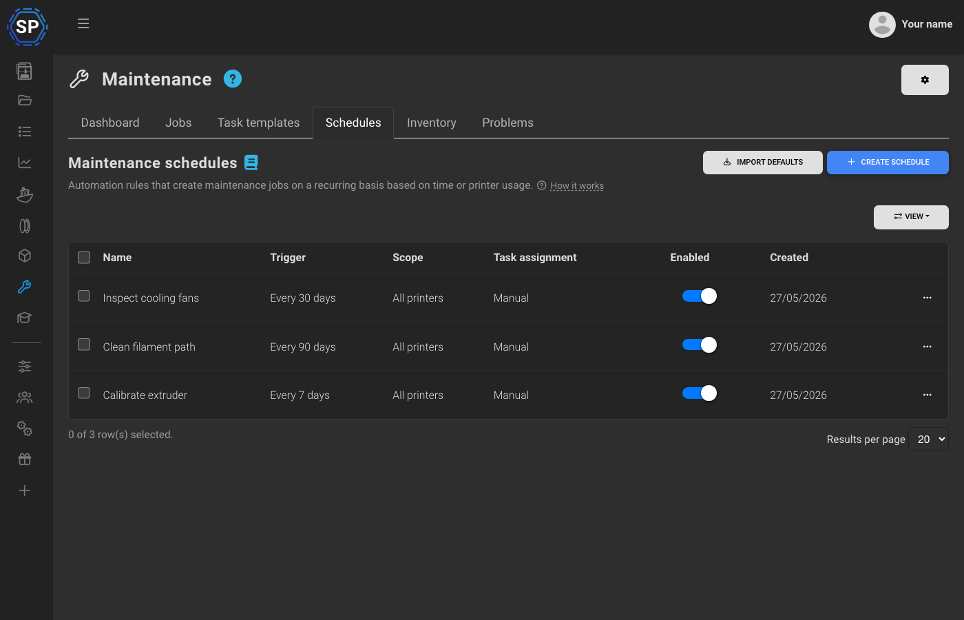 SimplyPrint maintenance schedules list with recurring tasks, trigger intervals, scope, task assignment, and enabled status