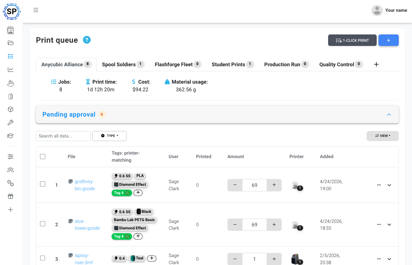 SimplyPrint print queue with grouped workloads, pending jobs, material requirements, quantities, costs, and assigned users