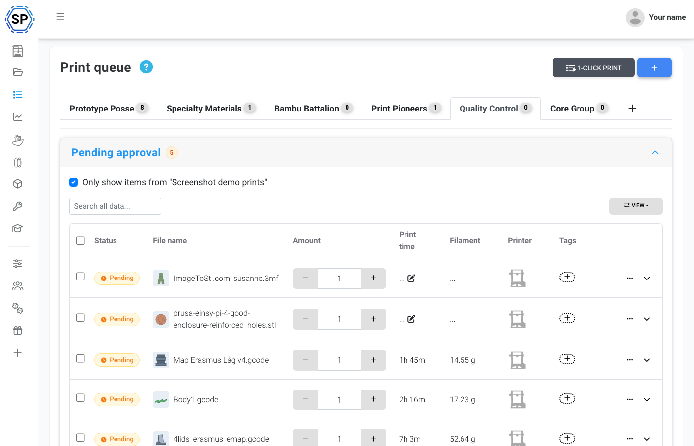 SimplyPrint shared print queue with queue groups and pending jobs showing quantities, print times, material, and actions