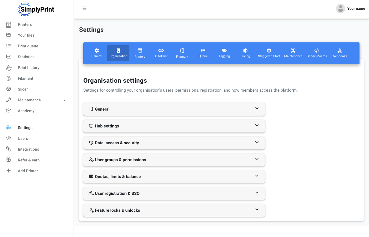 SimplyPrint organisation settings overview with access, permissions, quotas, registration, single sign-on, and feature-control sections